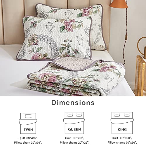 Flysheep 2 Pieces Quilt Set Twin Size, Beige Floral Reversible Bedspread Coverlet Set, Soft Microfiber Lightweight Bed Cover for Kids (68" x 86", 1 Quilt+ 1 Pillow Sham) Flysheep