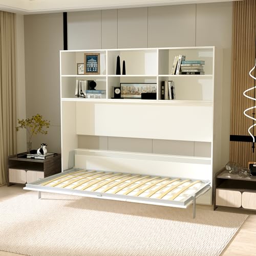 Jintop Twin Size Horizontal Murphy Bed with Double Layer Shelf Storage,Wood Wall Cabinet Hideaway Platform Bedframe W Gas Struts,for Bedroom or Guestroom,White Jintop