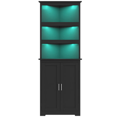 TEENFON Tall Corner Cabinet with LED Lights, Gothic Style Corner Storage Cabinets with Doors, 5-Tier Bathroom Cabinet, Living Room, Dining Room, Black