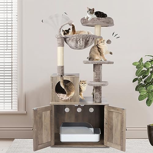 Timberer Cat Tree with Litter Box Enclosure, 2-in-1 Cat Tower for Indoor Cats, Large Cat Furniture, Wood Cat Condo with Basket, Scratching Posts, Pompoms, Grey Timberer