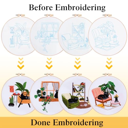 LOMOHOO 4 Sets Cat Embroidery Kit for Beginners, Cute Cat Pattern, Starter Craft DIY Embroidery Sets (Black Cat)