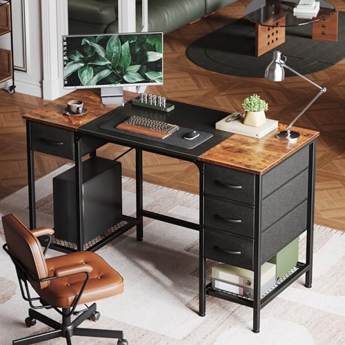 Huuger 47 Inch Computer Desk with 4 Drawers, Office Desk with Mesh Shelf, Gaming Desk, Large Storage, Writing Desk Work Desk for Home Office, Study, Bedroom, Work from Home, Rustic Brown and Black Huuger