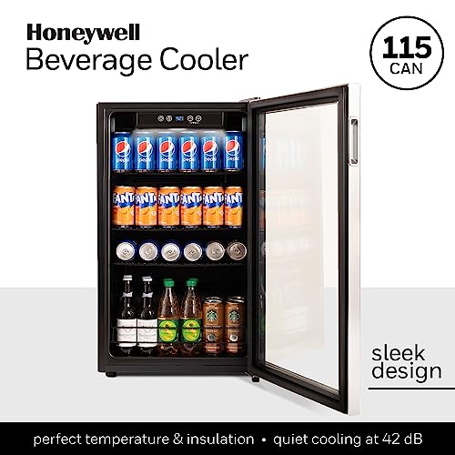 Honeywell Beverage Refrigerator and Cooler, 115 Can Mini Fridge with Glass Door for Soda Beer or Wine for Office or Bar with Adjustable Removable Shelving Honeywell
