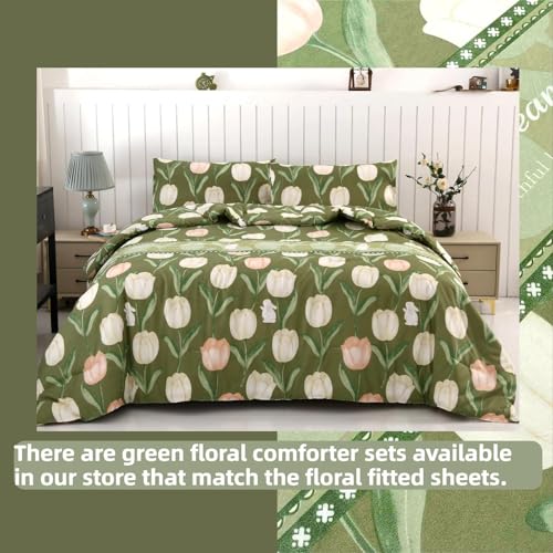 SDIII Green Floral Twin Bed Fitted Sheet with 2 Pillowcases, Not Including Flat Sheet, Soft Microfiber Rabbit and Floral Bed Fitted Sheets Twin Size SDIII