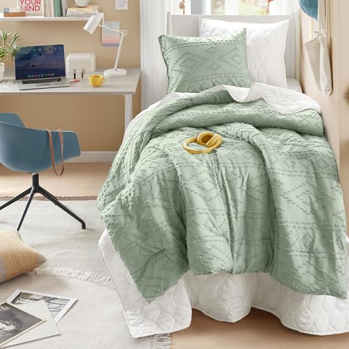 Comfort Spaces Twin/Twin XL Comforter Set for College Tufted Boho Dorm Comforter Set Twin XL Size, All Season Lightweight Bedding Set Soft, Matching Sham Sage Green 2 Piece Comfort Spaces