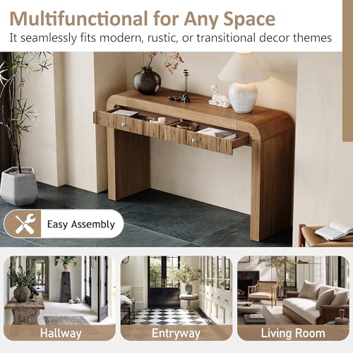 BSYEIO 54.3" Curved Console Table with Fluted Drawer, Rustic Entryway Table and Thick Legs, Sturdy Sofa Table for Hallway & Living Room Wood (Natural) BSYEIO