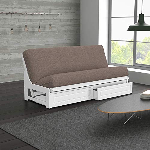 Nirvana Futons Nico Urban Loft Linen Series Sleeper Sofa Collection Full Size White Armless Arden Futon Frame, Storage Drawers, Mattress and Umax Khaki Futon Cover Set Nirvana Futons