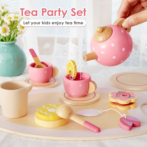 BUYGER Wooden Tea Party Set for Toddlers Little Girls with Tea Cup Teapots Food Tray Pretend Play Kitchen Accessories Cafe Toys Gifts for Ages 3-5 3 4 5 Years Old Buyger
