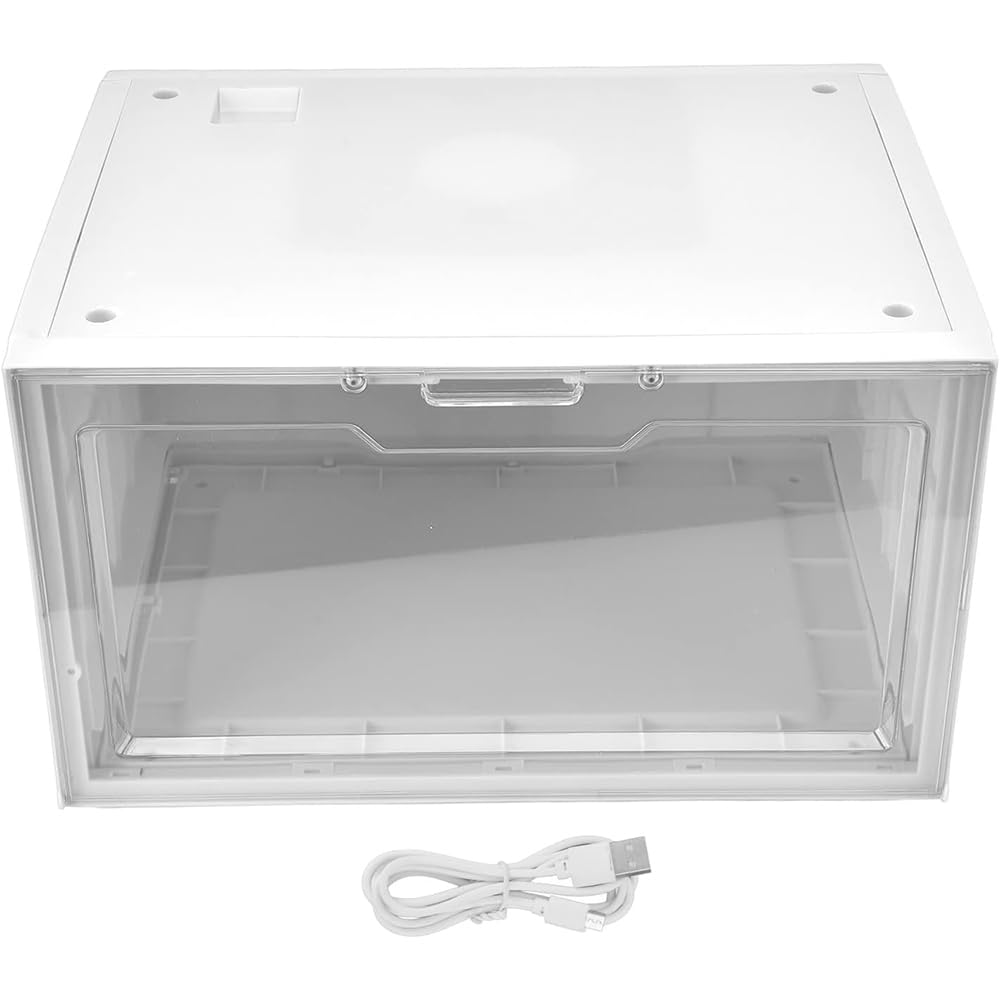 JNTKE 2 Packs LED Sneakers Boxes, Stackable Clear Shoe Display Cases, Plastic Shoe Storage Organizer for Closet, Magnetic Open Collection Storage Containers with Lids, White JNTKE