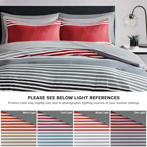 Comfort Spaces Comforter Sets with Sheets - Bed in a Bag 9 Pieces Teen Bedding Sets , Red and Grey Stripes Bedding Full, College Full Bed Set with 2 Side Pockets Bedroom Organizer Comfort Spaces