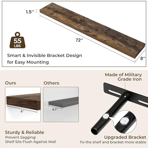 RICHFOCUS 72Inch Floating Shelves for Wall 2 Pack Shelves for Bedroom|Kitchen|Bathroom Wall Mounted Rustic Wood Floating Shelf with Invisible Brackets for Books|Storage|Decor, Rustic Brown RICHFOCUS