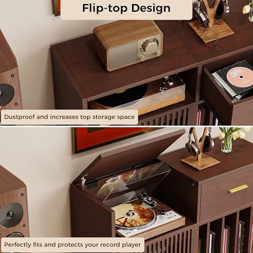 IRONCK Large Record Player Stand, 500+ Vinyl Record Storage Cabinet with Drawer, Record Player Table with Sliding Door & Flip-Top, Mid-Century Modern Turntable Stand for Living Room, Red Walnut IRONCK