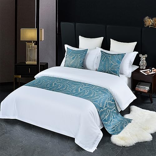 twelves Leaf Pattern Bedrunner Set, Jacquard Bed Scarf Luxury Single Bedding Protector Slipcover Bedroom Guestroom Inn Decor Blue twelves