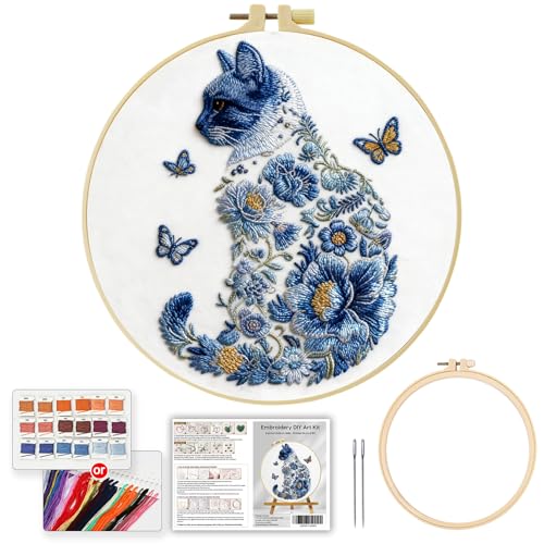 JOZYSH Blue Flower Cat and Butterfly Stamped Pattern Embroidery Kit for Beginners Adults Includes Cloth,Hoop,Color Threads,Needles and Instruction,Lover Hand Stitch with Embroidery Skill Techniques
