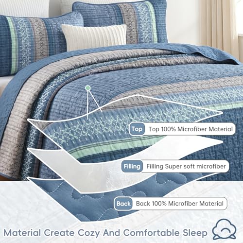 Menghomeus Blue Quilt Set King Size, 3 Pieces Striped Patchwork Quilted Bedding Sets, Soft Lightweight King Bedspreads Coverlets Bedding Set for All Seasons 104"x90" Menghomeus