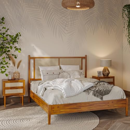 Bme Oliver Headboard Queen Size Bed Frame - 15-Inch Signature Design with Rattan Headboard, Bohemian and Mid Century Style, 12-Slat Wood Support, No Box Spring Needed - Easy Assembly, Caramel Bme