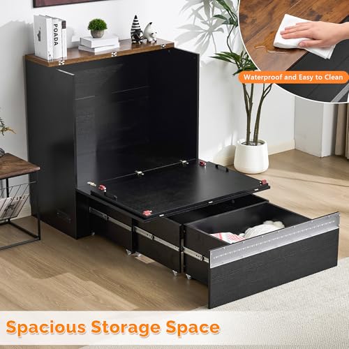 VINGLI Twin Size Murphy Bed with Storage Drawer,Smart LED Lighting & Built-in Charging Station, Space-Saving Cabinet Bed for Kids,Adults & Guests,Classic Black VINGLI