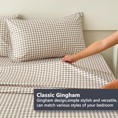 NSNLGSGC Tan Gingham Full Sheet Set, Soft Brushed Microfiber Taupe Plaid Full Bed Sheets, 4-Pieces Brown Grid Sheet Set with Deep Pocket NSNLGSGC