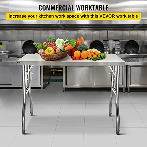 VEVOR 48 x 30 Inch Commercial Prep, Heavy-Duty Folding 661 lbs Load, Work Table, Silver Stainless Steel Kitchen Island VEVOR