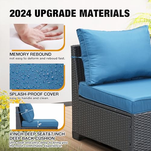 JOYURE 6 Pieces Patio Furniture set All-Weather Outdoor Wicker Sectional Conversation Sofa Rattan patio seating sofa with cushion and Glass Table for Porch Poolside,Peacock Blue JOYURE