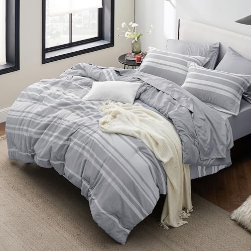 Bedsure Full Comforter Set 7 Pieces, Grey Striped Bedding Set for All Seasons, Reversible, Cationic Dyeing Bed in a Bag with Comforter, Sheets, Pillowcases & Shams Bedsure