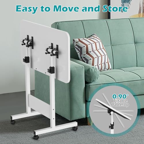ZHIDIAN Tiltable Foldable Standing Desk Adjustable Height, Portable Computer Desk with Wheels, Mobile Sit Stand Small Rolling Laptop Table for Walking Pad, Bike Trainer, White ZHIDIAN