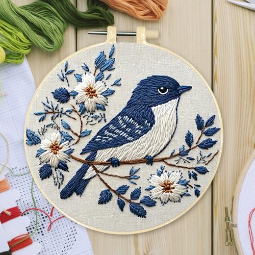 jinglinhh Embroidery Starter Kit Tit Bird Flowers for Adult Beginners, DIY Stamped Cross Stitch Kit Kit with Hoops, Threads & Embroidery Cloth, Needlework Craft Gift for Women