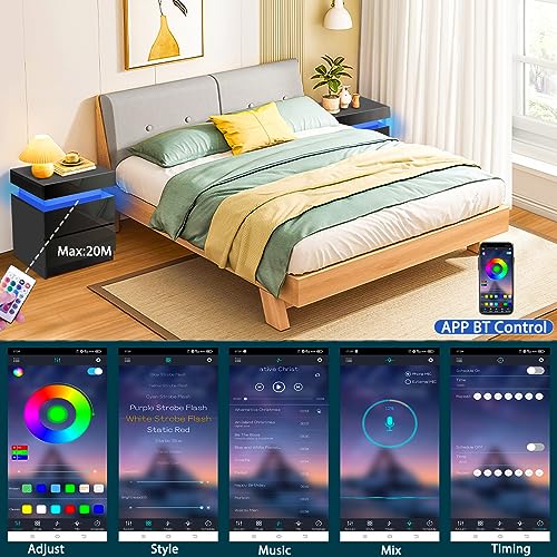 HOMMPA LED Nightstand Modern Black Nightstand with Led Lights Wood Matte Led Bedside Table Night Stand with 2 High Gloss Drawers for Bedroom 20.5" Tall HOMMPA