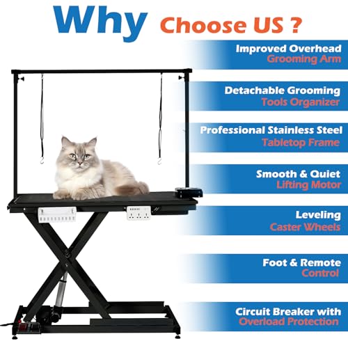 50'' Electric Dog Grooming Table, Heavy Duty, Height Adjustable Pet Grooming Table with Sockets w/Leveling Wheels, Grooming Arm, Anti Slip Tabletop & Tool Organizer, for All Pets Black Towallmark