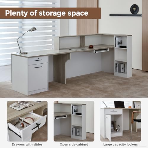 Huariifowm 110" L-Shaped Reception Desk with Counter, Drawers, Open Shelves and Keyboard Tray, Modern Front Desk for Office Reception Area, Oak+Warm White, Right Cabinet Huariifowm