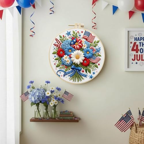 DIY American Independence Day Pattern Hand Embroidery Kit Beginner Friendly Round Circle Decorative Painting Needlework Art-Bouquet