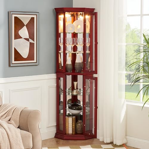 BAOMKONG Tall Corner Cabinet with Glass Doors, Lighted Glass Display Curio Cabinet with Adjustable Shelves, Home Office Floor Standing Display Cabinet for Bar, Liquor Storage and Medal, Cherry BAOMKONG