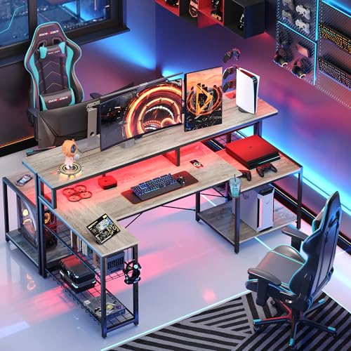 Bestier 71.5 inch Computer Desk with Power Outlets, LED Home Office Desk with Long Monitor Stand, Large Corner Desk with Storage Shelf, Cup Holder & Headset Hooks L Shaped Desk Bestier