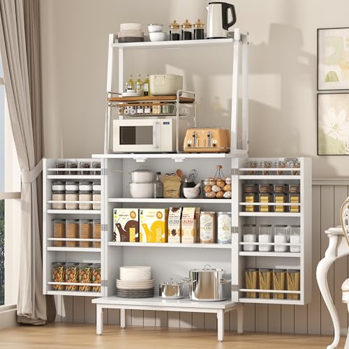 Semoic 51" Pantry Cabinet, Kitchen Storage Cabinet with Storage Shelves, Modern Kitchen Hutch with Microwave Stand, Adjustable Shelves, Food Pantry Cabinet for Dining Room (White) Semoic
