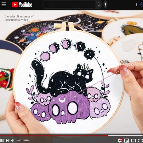 Crafmanoe Halloween Embroidery Kit for Beginners Adults, Skull Cat Stamped Cross Stitch Kit for Adult Beginner, Gothic Ghost Hand Embroidery Needlepoint Kits, 3 Set Embroidery Hoops and Video Tutorial