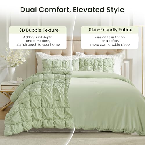 Amélie Home Sage Green Bubble Comforter Set King Size, 3 Pieces Ultra Soft Cozy Bedding Set for All Seasons, Farmhouse Luxury Gift for Women Home Decor Amélie Home