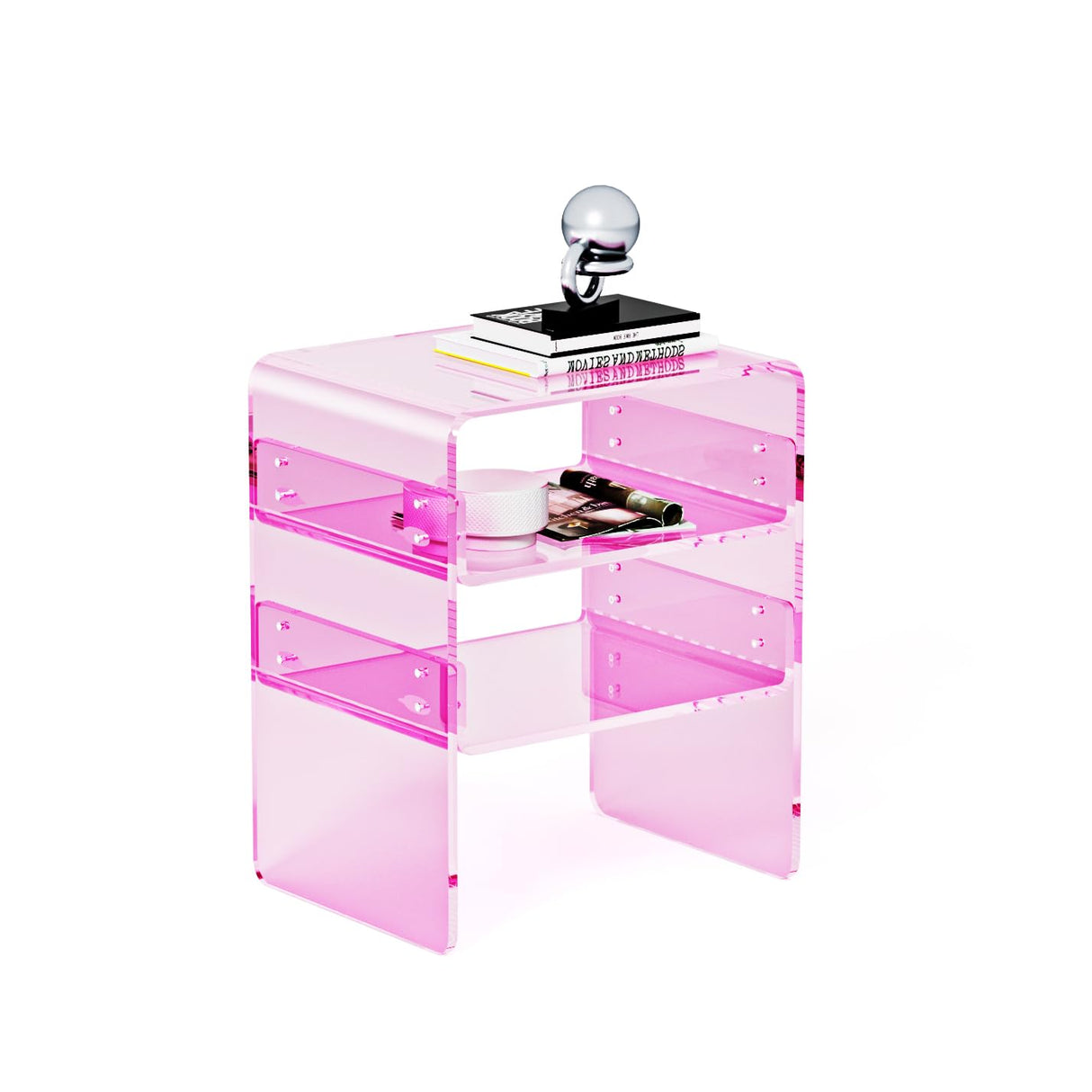 Clear Acrylic 3-Tier End Table/Nightstand – Sleek Bedside Storage with Durable Design, Perfect for Bedrooms, Living Rooms, or Modern Interiors – Ideal as a Bedside Table or Sofa Side Piece (Pink) Smitten.Life