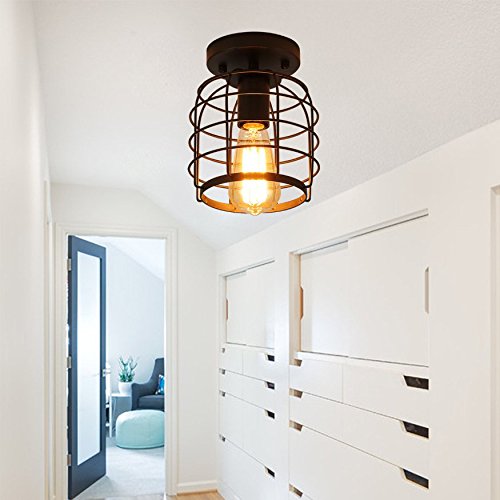 Create For Life® Industrial Vintage Flush Mount Ceiling Light,Rustic Metal Cage Pendant Lighting Lamp Fixture for Hallway Stairway Kitchen Garage, E26, Black Painting Finish Create For Life