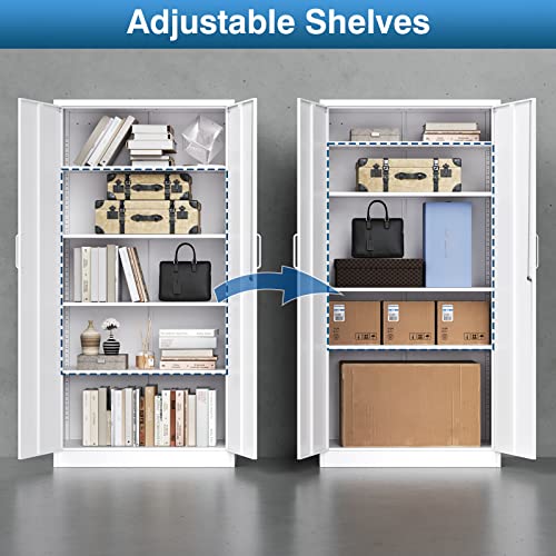 PEUKC Metal Garage Storage Cabinet, 71-inch Tall Storage Cabinet with Adjustable Shelves & Locking Doors, Tool Cabinets for Garage,Office,Home,School,Gym Storage (White) PEUKC