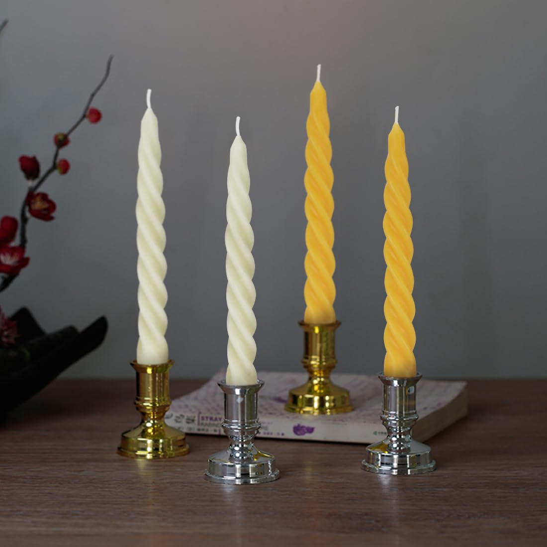 Beeswax Taper Candles Set of 4,Spiral Taper Candle Dripless Short Candle Sticks for Dinner Wedding Party Christmas Home Decorations - 7 inch in Height- Off White TELOSMA