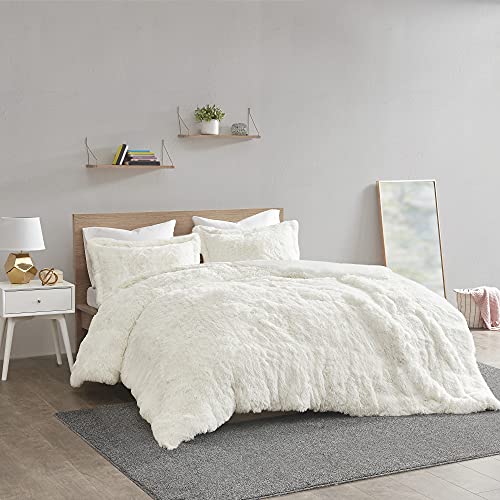 Intelligent Design Malea Shaggy Duvet with Quilted Box Design, Long Faux Fur Comforter Cover Cozy Bedding Set, Matching Shams, (Insert Not Included) Full/Queen, Ivory 3 Piece, 90x90 Intelligent Design