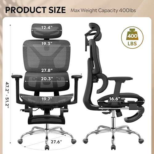 DEVAISE Ergonomic Mesh Office Desk Chair with a Footrest, Heavy Duty, High Back Reclining Swivel Comfy Home Computer Chair with Lumbar Support, SGS Class 4 Gas Lift, for Work Home Office, Black DEVAISE