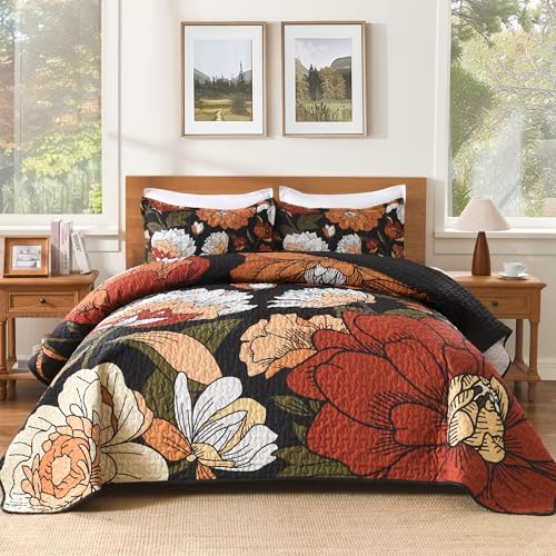 Andency Floral Boho Quilt King Size Bedding Set Black, 3 Pieces Farmhouse Flower Botanical Summer Bedspreads with 2 Shams, Soft Reversible Lightweight Microfiber Coverlet Set for All Season, 106"x96" Andency