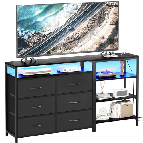 BTHFST TV Stand Dresser Bedroom for 60 Inch TV with LED Lights & Charging Station, Changable L Shape Corner TV Stand, 6 PU Drawers, 3 Open Shelves Entertainment Center (Black) BTHFST