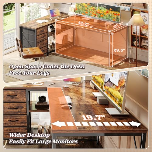 PRAISUN 61" L Shaped Desk with Power Outlets and USB-C Port, Reversible Computer Corner Office Desk with 4 Fabric Drawers and 2 Height-Adjustable Shelves, Large for Gaming Writing Study, Rustic Brown PRAISUN