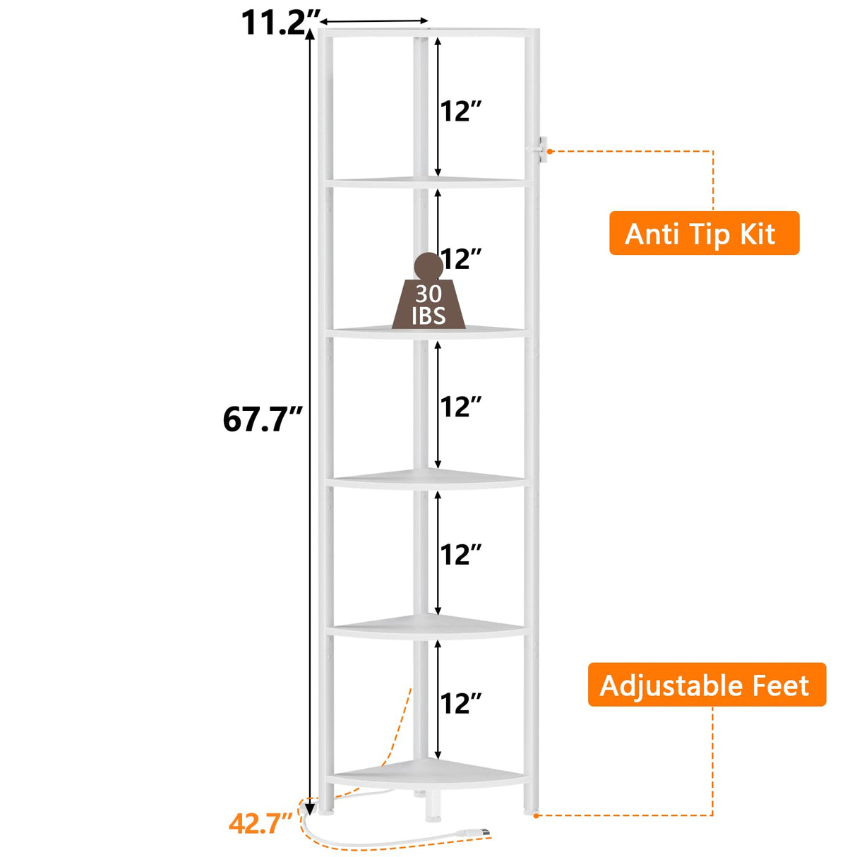 Furnulem 6 Tier Corner Shelf with LED Light, 67.5” Tall Standing Shelf Organizer, White Narrow Bookshelf with Storage Rack for Wall Corner, Living Room, Bedroom, Metal Frame, Wood Display Shelf Furnulem