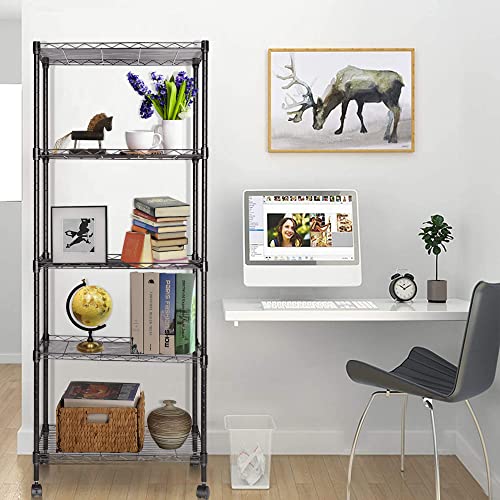 JS HANGER Wire Shelving Unit, 5-Tier Heavy Duty Height Adjustable Rolling Metal Shelves for Storage, 550 lbs Capacity, 23.23''W X 13.4''D X 71''H, Black JS HANGER