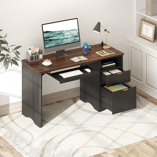 Bestier Computer Desk with Keyboard Tray, 55 inch Office Desk with Power Outlet, Modern Home Office Desk with File Drawer (Walnut with Black, 55" W with Single-Sided Drawers) Bestier