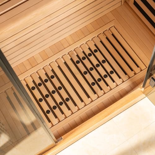 Woodbridge Infrared Home Sauna Room 2 Person Hemlock Wooden Indoor Sauna,7 Carbon 2230W/120V Heaters,with Led Color Therapy Light,Bluetooth Speaker,Tempered Glass,Touch-Tone Keypad and A Top Vent WOODBRIDGE