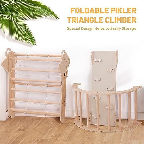 RMHDSLF Foldable Triangle Ladder, Toddler Indoor Gym Playset,Pikler Climber with Ramp Sliding or Climbing, Sturdy Wooden Montessori Climbing Set for Toddlers 2-6. RMHDSLF